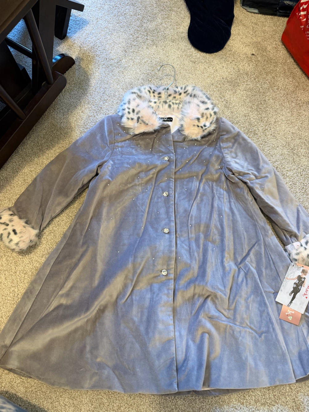 NWT Kate Mack Biscotti Faux Suede Dress Coat 6 Gray Fur Trim Rhinestone Holiday